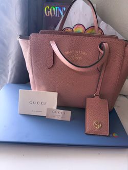 Authentic GUCCI Mini Swing Tote Pink Grain Leather + Gucci Luggage Tag
