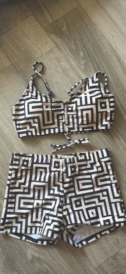 Bathing suit with cover-up, cream, and black