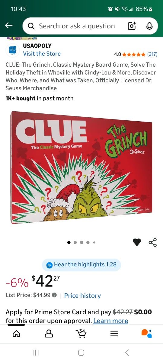 Unopened Grinch Clue Game