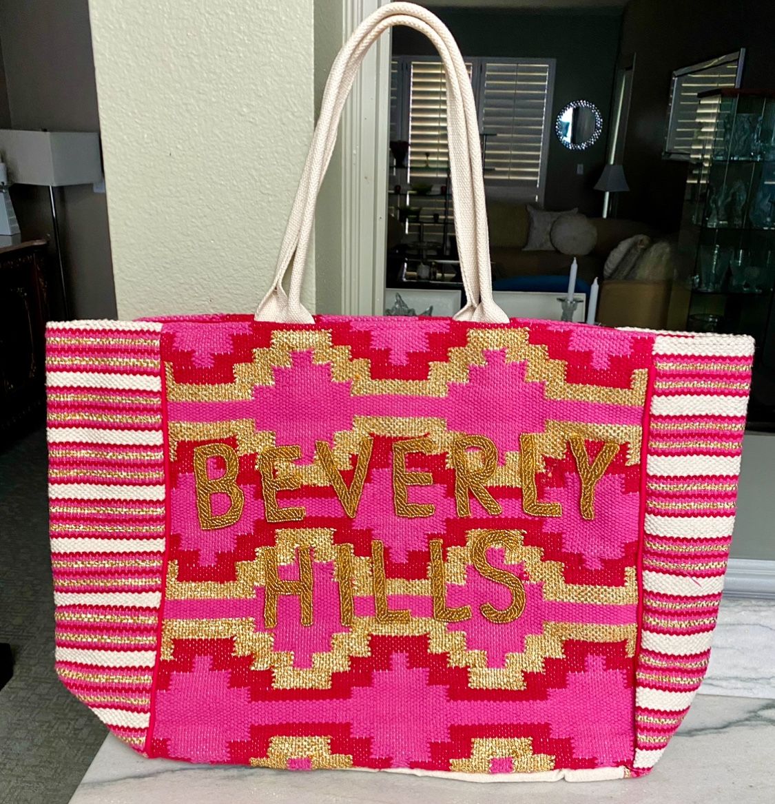 BEVERLY HILLS Pink Beaded Aztec Tote Bag by LATC
