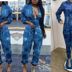 New! Stretchy Denim Print Design Zip Up Jumpsuit