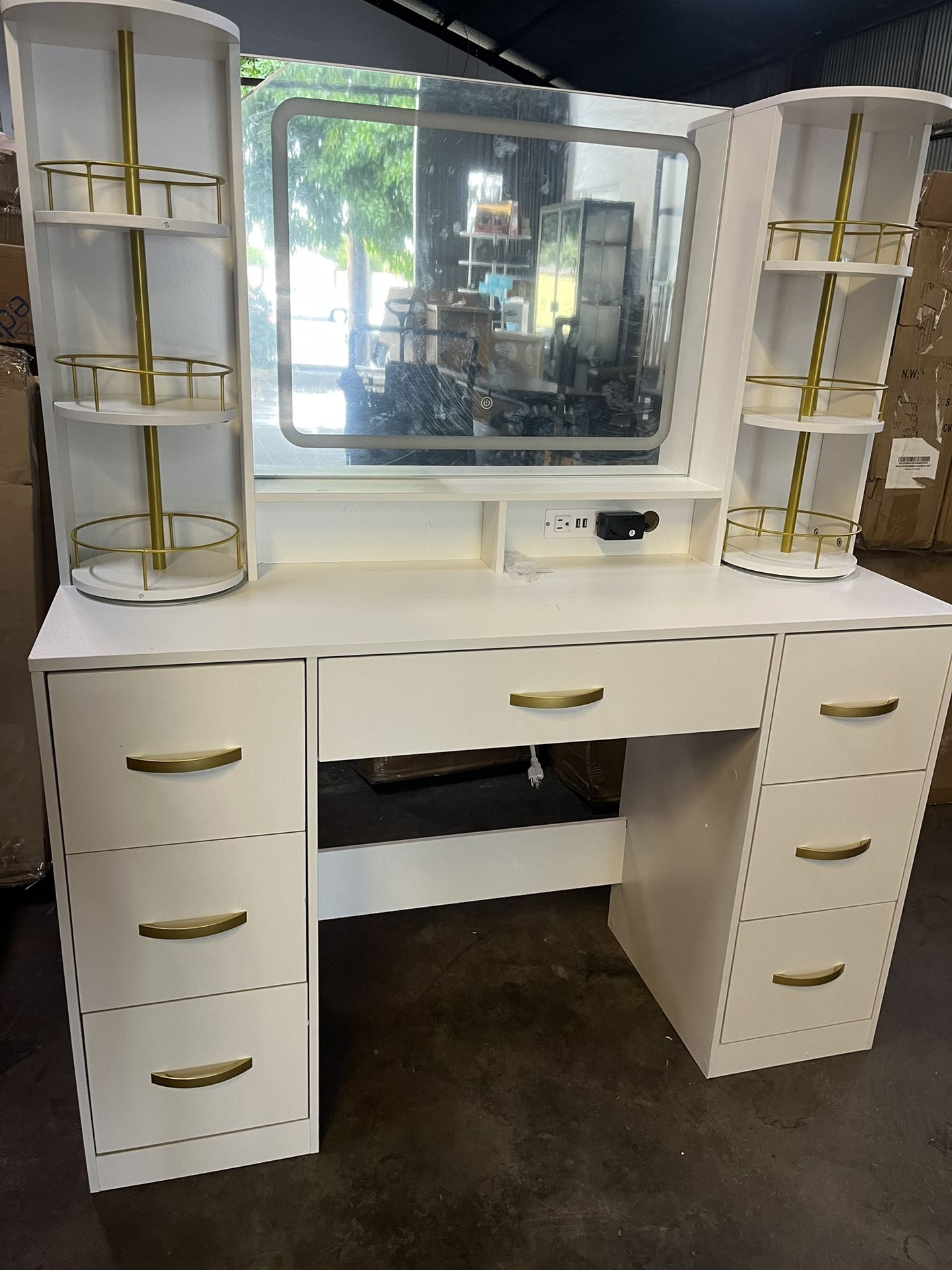 Vanity Desk with Mirror and Lights, White Makeup Vanity Table with 360° Roating Shelves, Large Vanity Desk with 7 Drawers, Power Outlet, Dressing Tabl