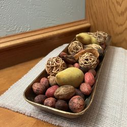Decorative Metal Long Bowl - centerpiece filled with rustic filler items