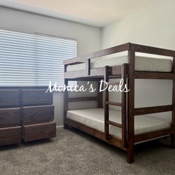 Solid Wood Twin/Twin Bunk Bed With Both Mattresses & 48” Dresser $940