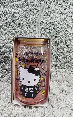 Hello Kitty Glass Tumbler & Straw Halloween Skeleton Bamboo Lid 16 Oz New In Box