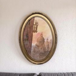 Original Vintage Watercolor on Paper in Antique Gold Frame of Venice Canals