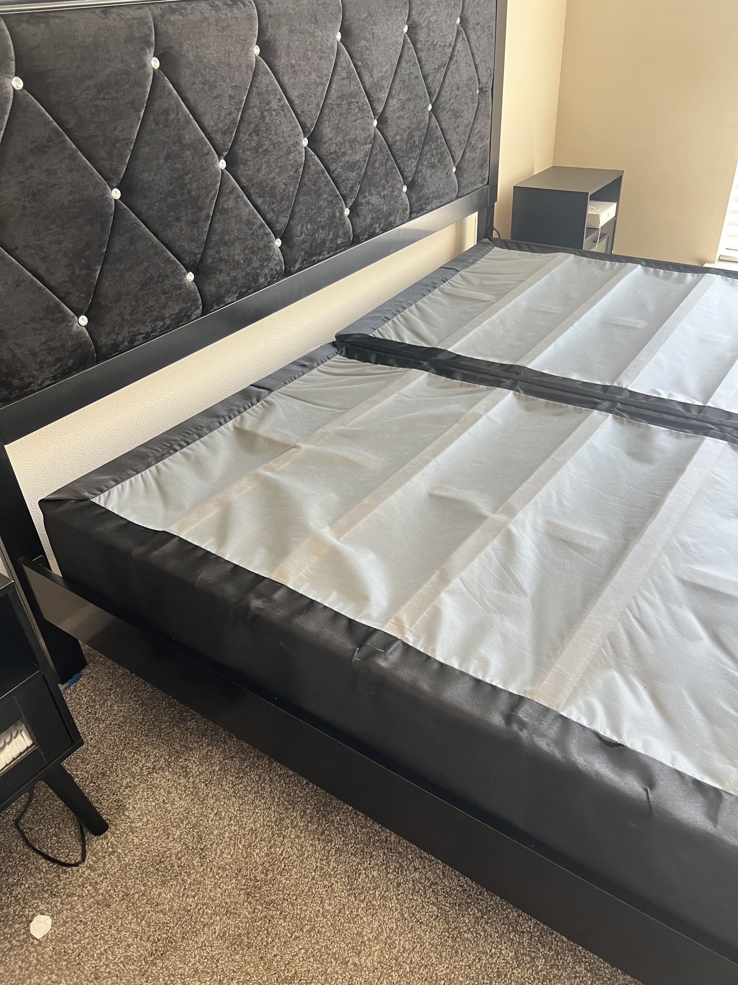 King Size Bed Frame with Button Tufted Wingback Headboard Modern Upholstered...