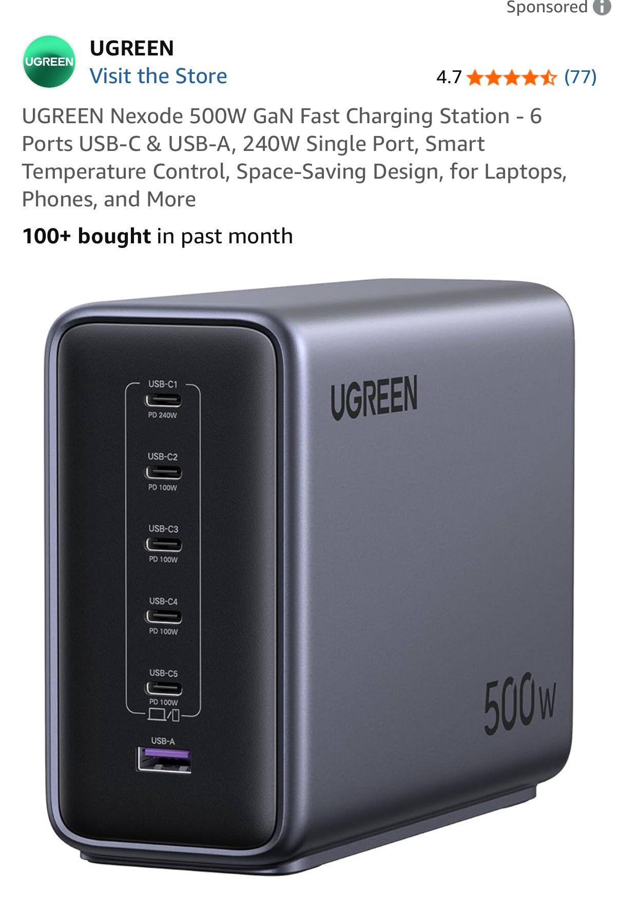 UGREEN Nexode 500W GaN Fast Charging Station 6 Ports USB C & USB A, 240W  Single
