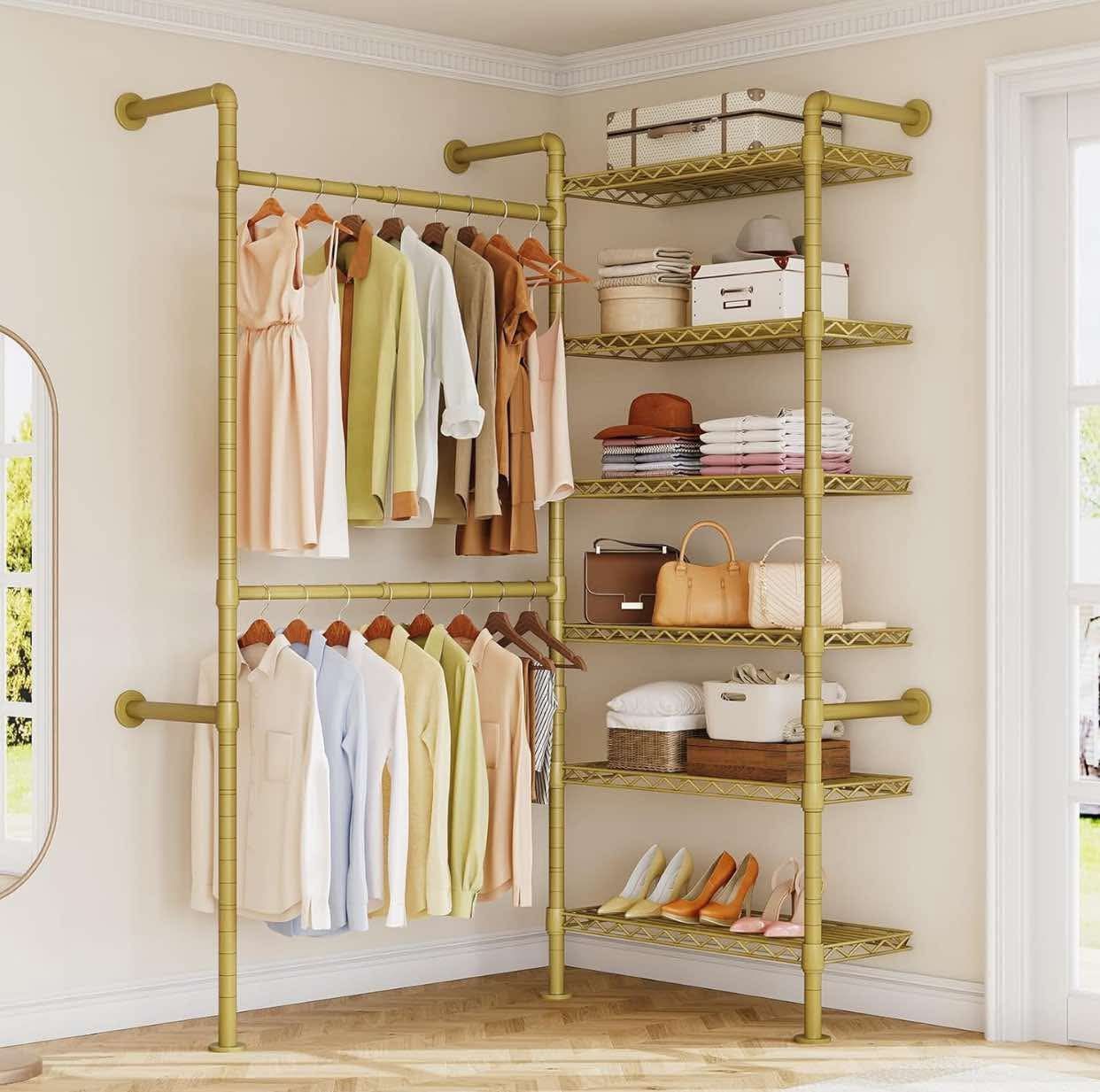 L2 Wall Mounted Closet System, Industrial Pipe Clothing Rack Clothes Racks with 2 Telescopic Rod & 6 Shelves, Heavy Duty Closet Organizers System in W