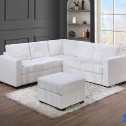 
Corduroy sectional sofa with ottoman