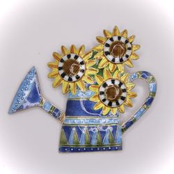 Zarlite French Sunflowers Pin - Multicolor Enameled Floral Gardening Watering Can Brooch / Pin
