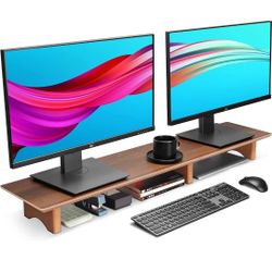 2 x Aothia Large Dual Monitor Stand Riser, Solid Wood Desk Shelf with Eco Cork Legs for Laptop Computer/TV/PC/Printers, Perfect Desktop St Organizer w