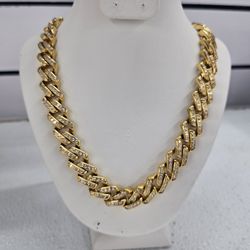 12mm Necklace Stainless Steel Gold Plated 5A Zircon/ Length 18"