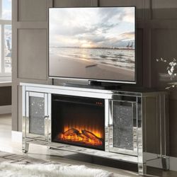 Brand New Mirrored w Faux Diamonds 60 TV Stand w Fireplace 