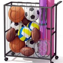 Ball Storage Bin Rolling Sports Ball Cart, Metal Garage Organizer Sport Rack, Ball Basket Storage, Ball Cage for Garage or Gym, Indoor & Outdoor Sport