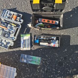 Tools- Sockets, Tool Pouch, Bits, Wrenches, Hammer, Leveler, Plastic Organizer, Tool box, As pictured, Sell all $50