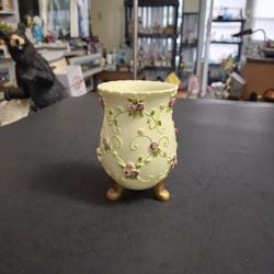 Vintage 1970's Wamsung Ceramic Footed Decorative Tumbler Hand-painted With Applied Pink Rose Floral Design, A Perfect Bathroom Decoration 4" Tall 