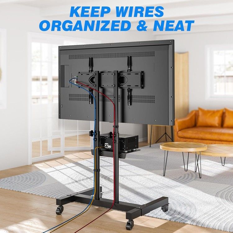 Mobile TV Cart for 32-83 Inch Screens up to 110 lbs, Height Adjustable Rolling TV Stand with Locking Wheels and Metal Shelf, Portable Outdoor Floor TV