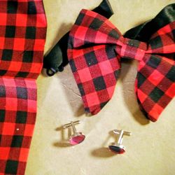 Black And Red Checkered Bow Tie, Cuff Links And Handkerchief 