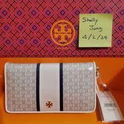 Tory Burch Gemini Ivory Link Stripe Continental Zip Around Wallet