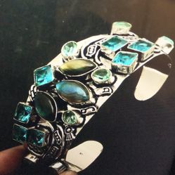Labradorite Blue Topaz Stamped 925 Sterling Silver Cuff Bracelet 