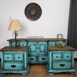 Girl's Antique Bedroom Set - Long Dresser and 2 Nightstands 