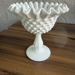 Vintage Fenton Hobnail Milk Glass Crimped Edge Compote 6 inches