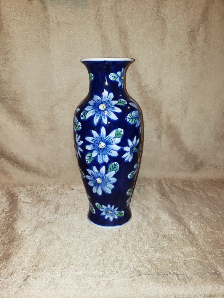 Tall Vase Blue With Blue Flowers