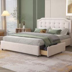 Full Size Platform Bed with Velvet Fabric Headboard