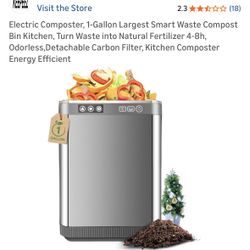 Electric Composter, 1-Gallon Largest Smart Waste Compost Bin Kitchen, Turn Waste into Natural Fertilizer 4-8h, Odorless,Detachable Carbon Filter, Kitc