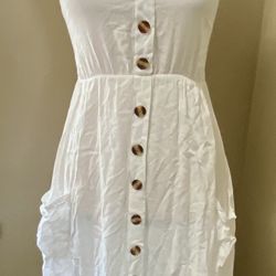 MOKINGTOP Sleeveless White Summer Dress Beach Buttons Pockets Boho Juniors S 