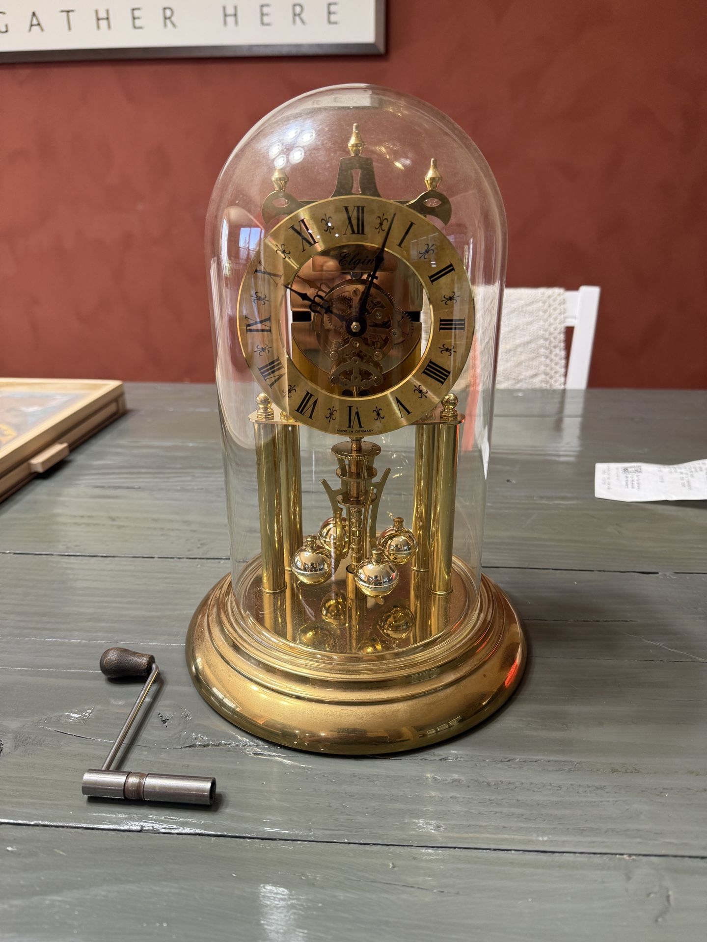 Vintage Elgin E49 400-Day Keywound Brass Mantel Clock With Key And Original Box.