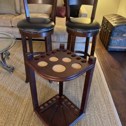 Bar Stools and Mahogany Pool Cue Holder/Corner Table