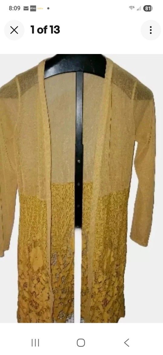 Ember Womens Top Small Mustard Yellow Kimono Duster Long Lace Sheer Long Sleeve 