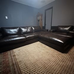 Brown Leather Couch Set With Ottoman Like New
