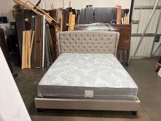 Cal king bed Upholstered Bed Frame with Tufted Wingback Headboard
