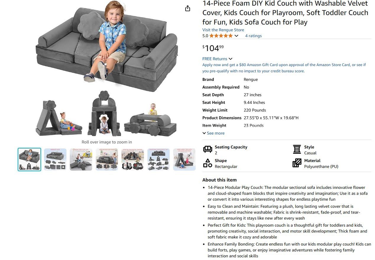 Kid Sofa - Rengue Modular Kids Play Couch, Play Sofa for Kids, 14-Piece Foam DIY Kid Couch with Washable Velvet Cover, Kids Couch for Playroom, Soft T