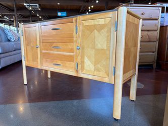 Light Wood Sideboard with Geometric Parquet Door Panels