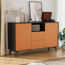 Cozy Castle Leather Buffet Sideboard, Buffet Cabinet with Open Storage, Wood Coffee Bar with 2 Drawers 2 Enclosed Spaces, Console Table for Kitchen/Di