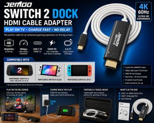 JEMDO USB-C to HDMI 4K Cable for Nintendo Switch 2 / Switch OLED – 6.6FT Portable TV Dock Adapter