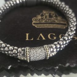 LAGOS 925 STERLING SILVER 18K Gold DIAMOND CAVIAR BRACELET K180C 6.75 Inch