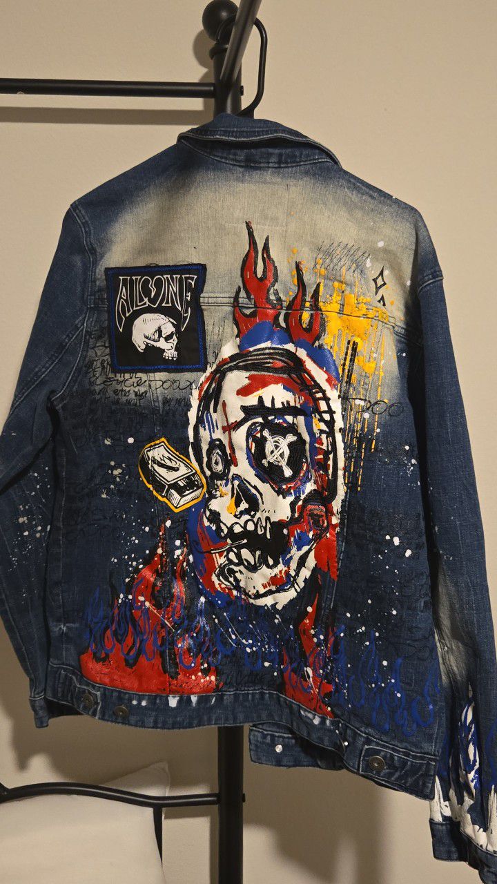 Smoke Rise DNM Co Denim Jacket Skulls Flames Splatter Embellished Patch Mens M