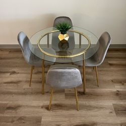 Grey Gold Round Glass Dining Table Set