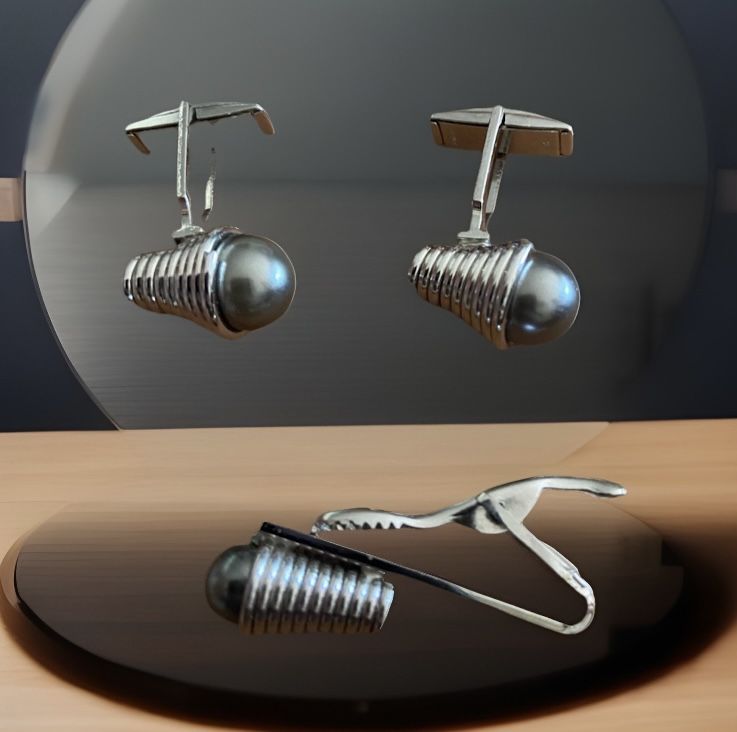 Vintage Coiled Wire And Grey Stone Inlay Cuff Links And Tie Tack Men's Jewelry Silver Tone