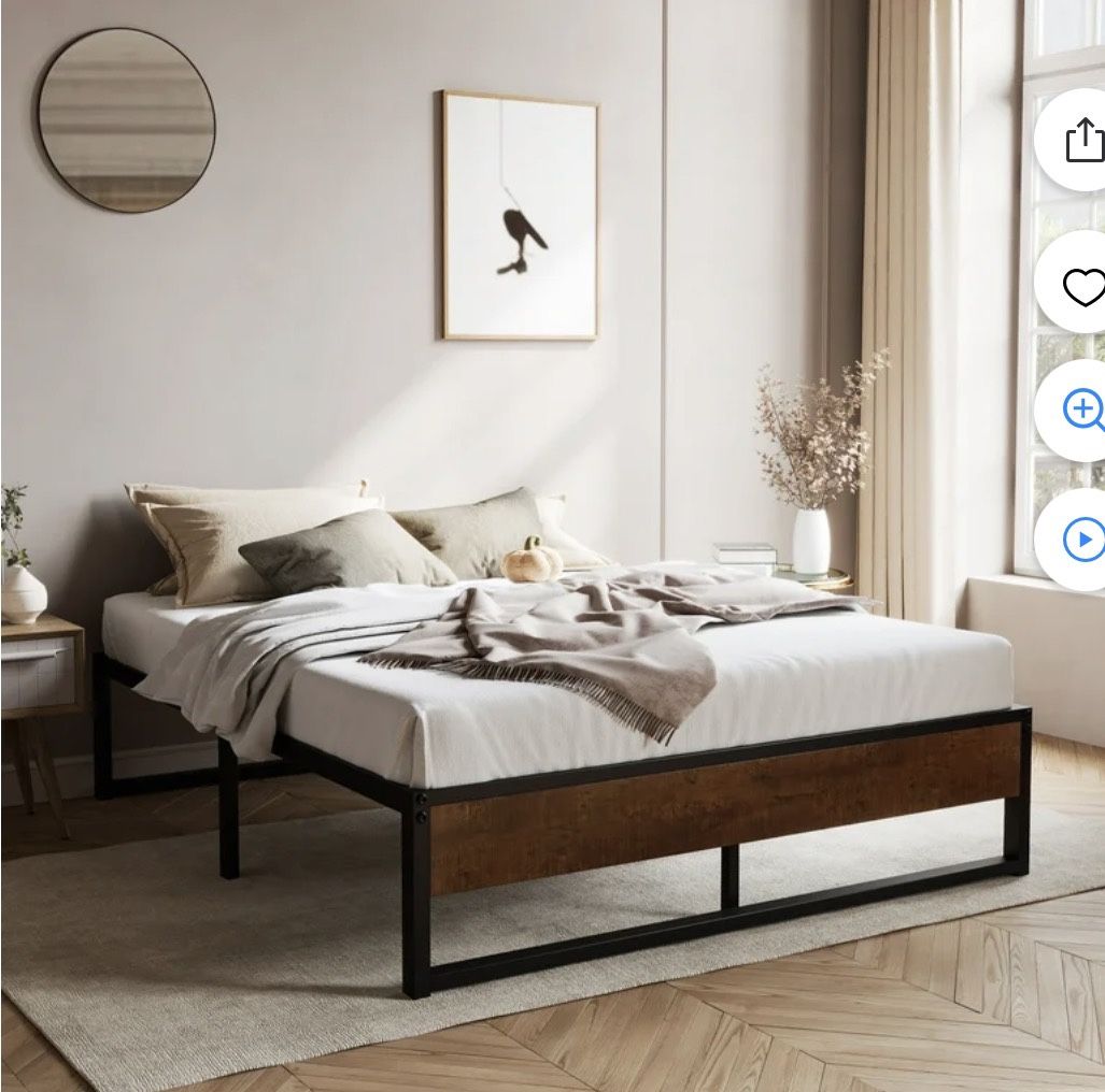 Queen Size Metal Platform Bed Frame with Wooden Board & Underbed Storage, Mattress Founda