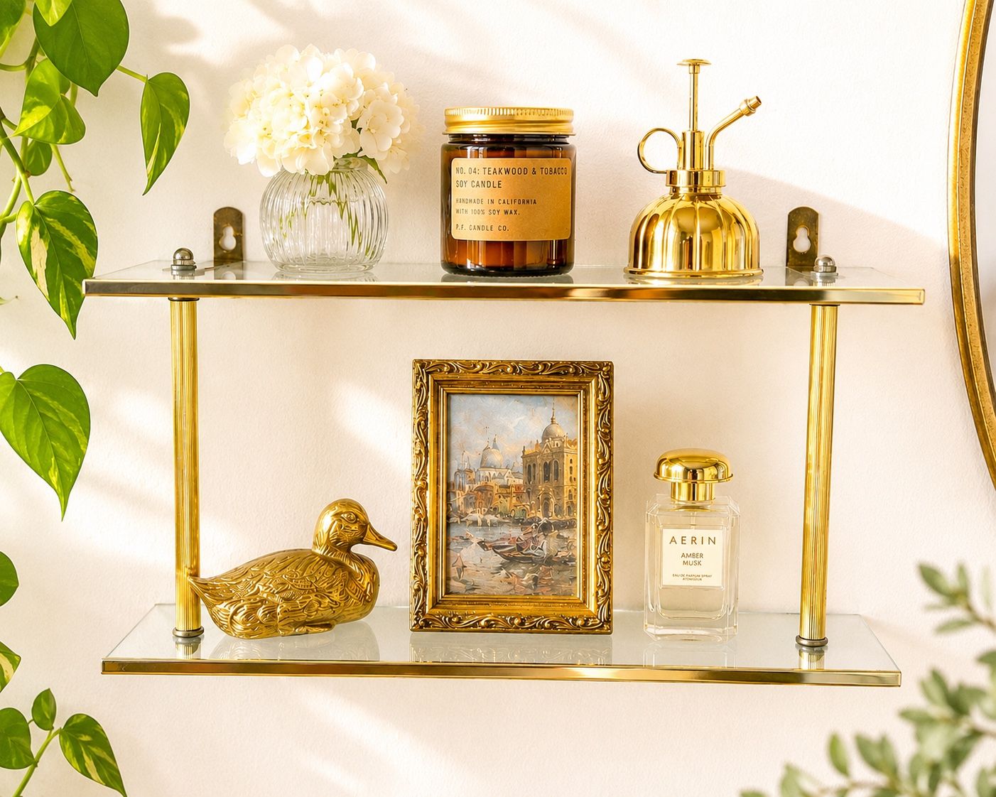 Vintage Brass & Glass Wall Shelf Hollywood Regency Vanity Display Mid Century Modern Solid 2 Tired