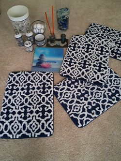 Complete Navy Blue & White Bathroom Decor Set (Mats, Accessories, Scale & Decor)