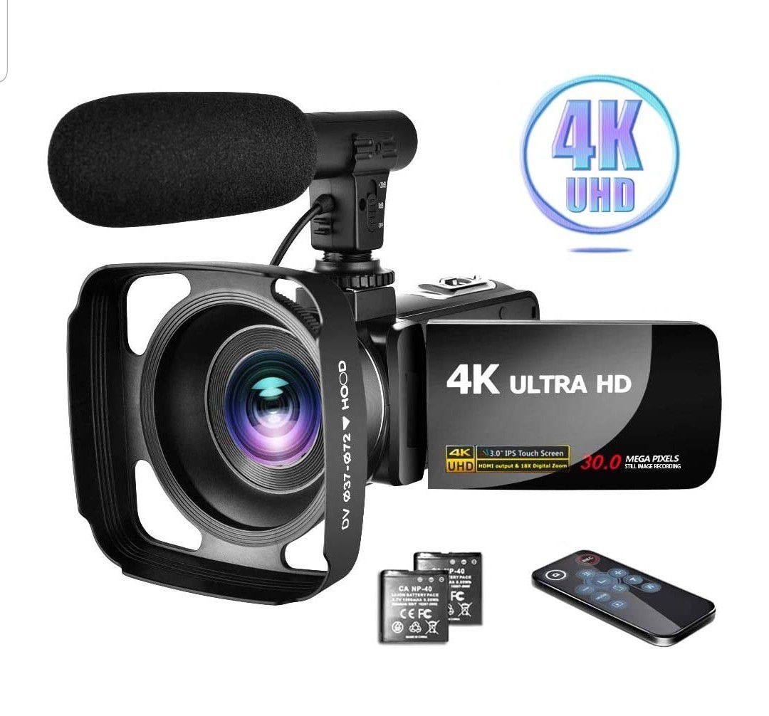 Video Camera 4K Camcorder with Microphone Ultra HD 30MP 3.0" IPS Touch Screen with Lens Hood & 2 Batteries