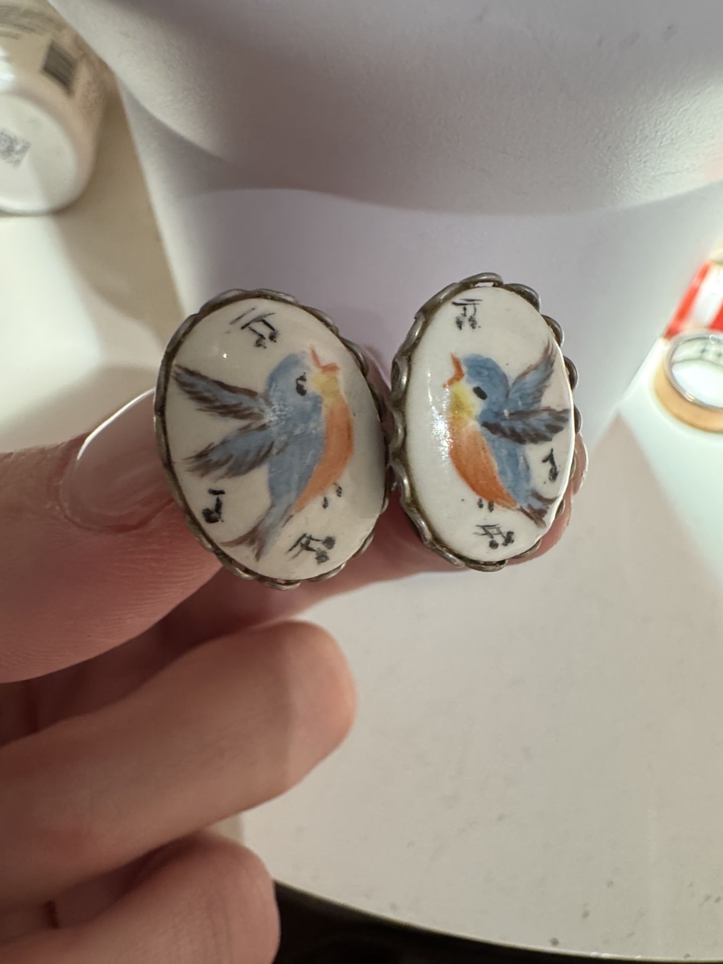Handcrafted enamel vintage Blue and Orange Bird Earrings.clip on