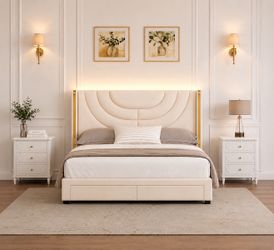 Full Size LED Bed Frame with 2 Drawer Storage, Wingback Platform Bed with Velvet Upholstered Headboard, Off-White